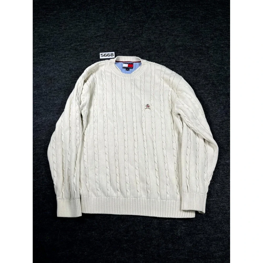 Y2K Vintage Tommy Hilfiger XL White Cable Knit Cotton‎ Ribbed Hem Winter Wear